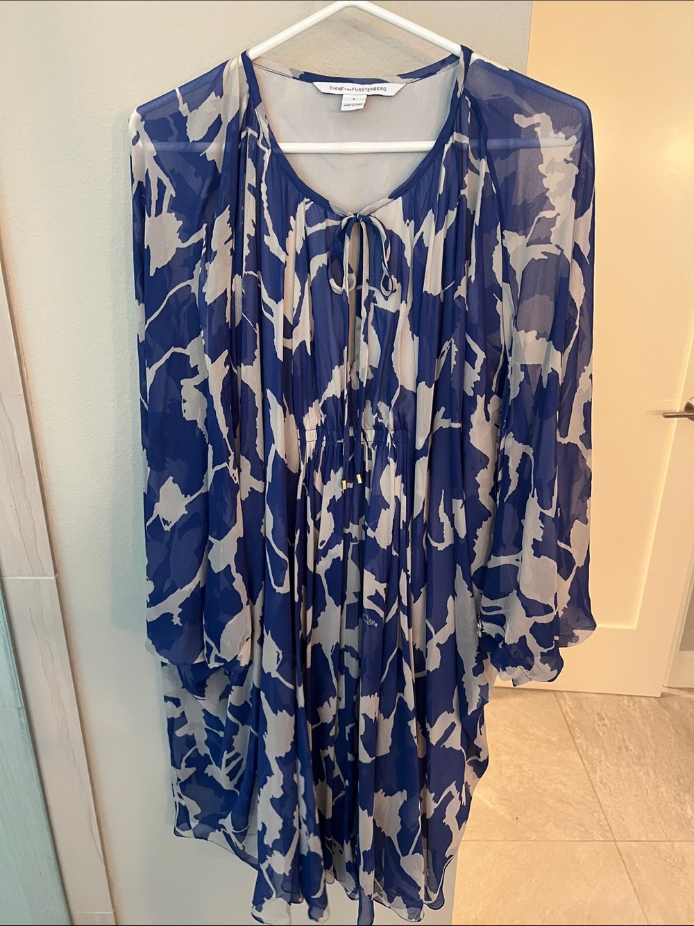 Diane Von Furstenberg Navy and Cream Printed Long-Sleeve Chiffon Dress